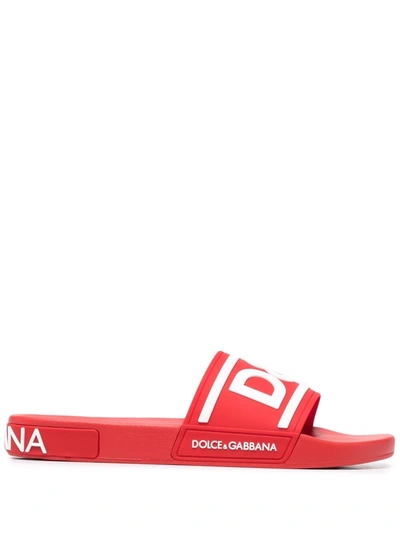 Shop Dolce & Gabbana Embossed-logo Slides In Red