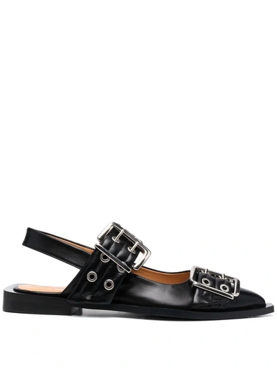 Shop Ganni Chunky Buckle Leather Mules In Black