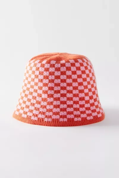 Urban Outfitters Mimi Knit Bucket Hat In Pink + Orange Checker | ModeSens