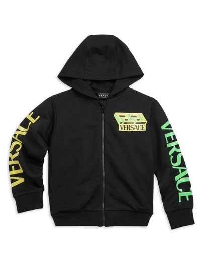 Shop Versace Little Kid's & Kid's Greca & Logo-print Zip-up Hoodie In Black Yellow