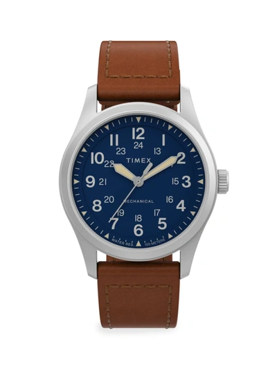 Shop Timex Men's Mechanical Hand-wind Blue & Brown Leather 38mm Watch In Brown Blue