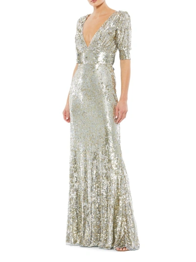Shop Mac Duggal Women's Sequined Half Sleeve Gown In Platinum