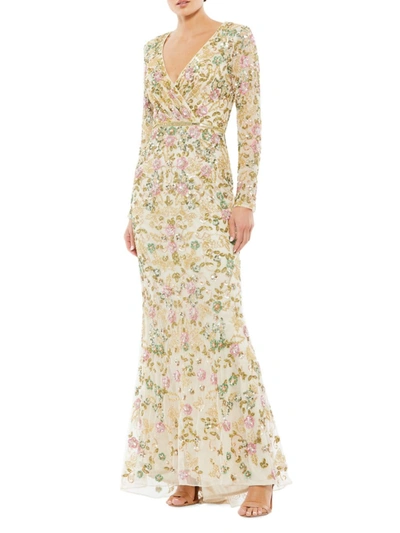 Shop Mac Duggal Women's Floral Beaded Modified A-line Gown In Beige Multi