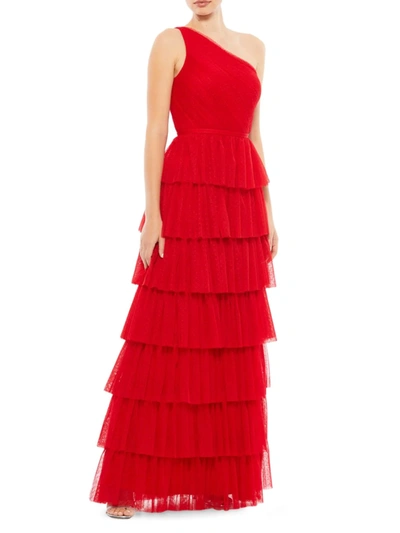 Shop Mac Duggal Women's Ieena Asymmetric Tulle Tiered Gown In Red