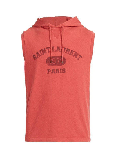 Shop Saint Laurent Sans Manches Sleeveless Hoodie In Rouge Scarlet Blanch