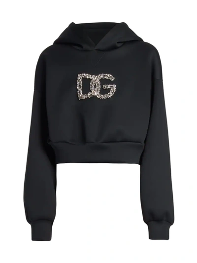Shop Dolce & Gabbana Women's Cropped Crystal-embellished Hoodie In Nero