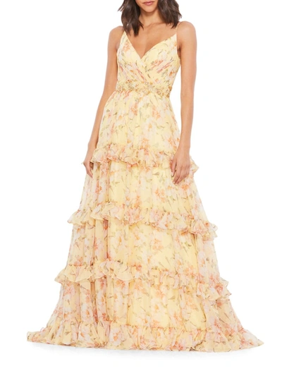 Shop Mac Duggal Women's Floral Tiered Ruffle Gown In Lemon