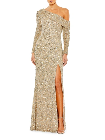 Shop Mac Duggal Women's Sequined One-shoulder Gown In Shimmering Gold