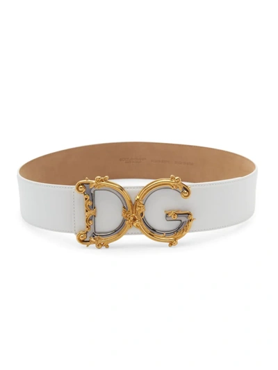 Shop Dolce & Gabbana Women's Baroque Logo Leather Belt In Bianco