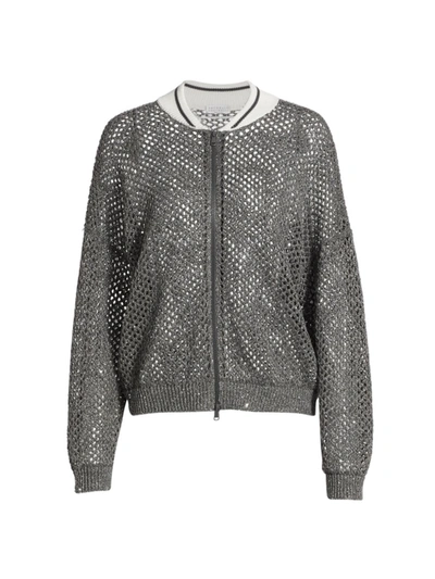 Shop Brunello Cucinelli Metallic Fishnet Bomber Jacket In Charcoal