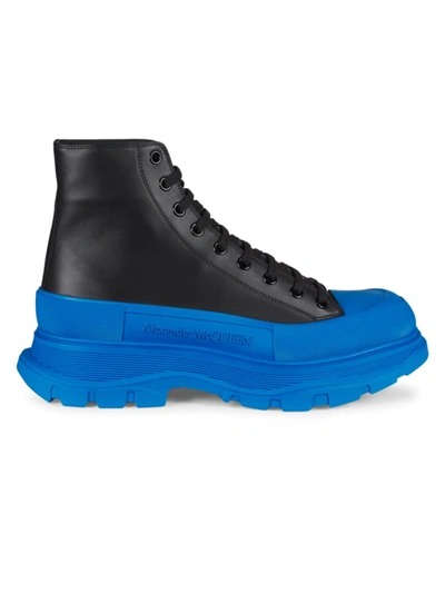 Shop Alexander Mcqueen Treadslick Leather High-top Sneakers In Black Lake