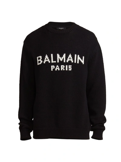 Shop Balmain Men's Merino Wool Logo Sweater In Black White