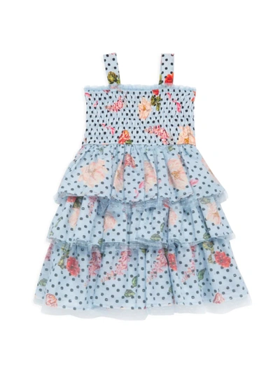 Shop Marchesa Little Girl's & Girl's Smocked Floral & Polka Dot Tiered Dress In Dusty Blue