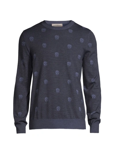 Shop Alexander Mcqueen Men's Jacquard Wool Skull Sweater In Denim Blue