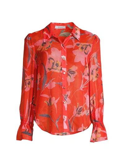 Shop Milly Women's Lacey Button-front Blouse In Coral Multi