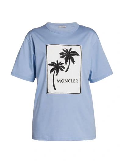 Shop Moncler Women's Embroidered Palm Tree Logo Patch T-shirt In Blue