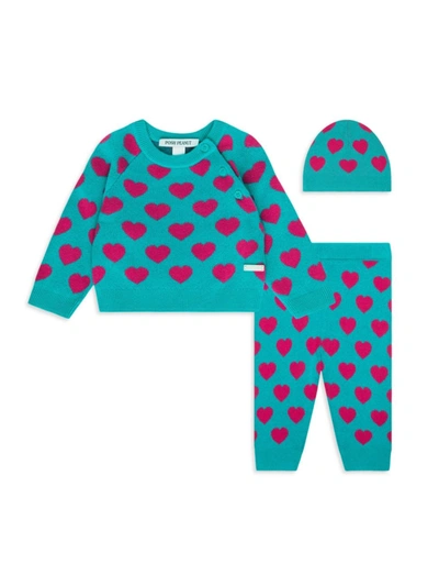 Shop Posh Peanut Baby Girl's 3-piece Queen Of Hearts Beanie, Sweater & Leggings Set In Turquoise