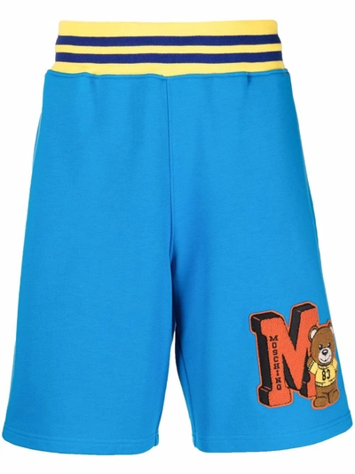 Shop Moschino Flocked Bear Logo Shorts In Blue