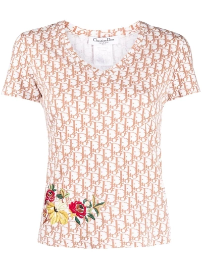 Pre-owned Dior 2005  Trotter Floral-embroidery T-shirt In White