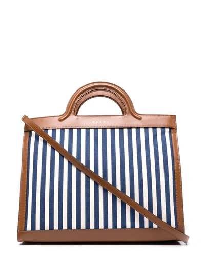 Shop Marni Striped Leather Tote Bag In Blue