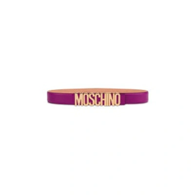 Shop Moschino Lettering Logo Calfskin Belt In Plum