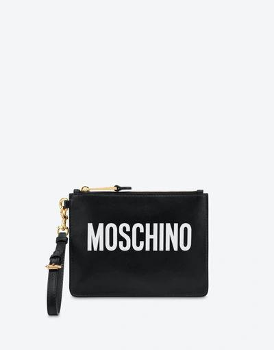 Shop Moschino Small Calf Leather Clutch With Logo In Black