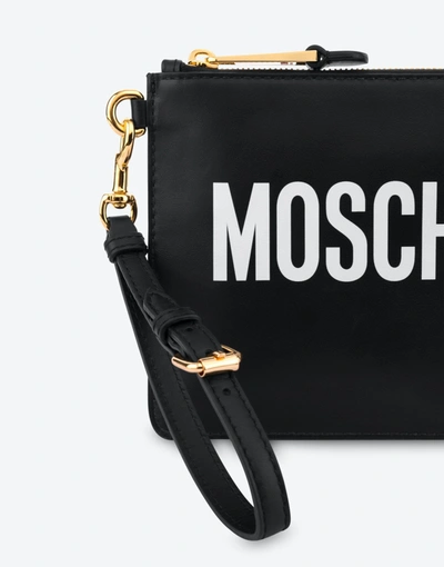 Shop Moschino Small Calf Leather Clutch With Logo In Black