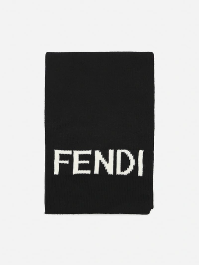 Shop Fendi Wool Scarf With Contrasting Jacquard Logo Lettering In Black, White