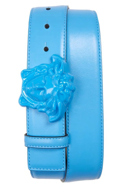 Shop Versace Medusa Head Leather Belt In Blue-blue- Gold