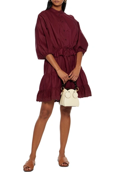 Shop See By Chloé Tiered Broderie Anglaise Cotton Mini Dress In Burgundy