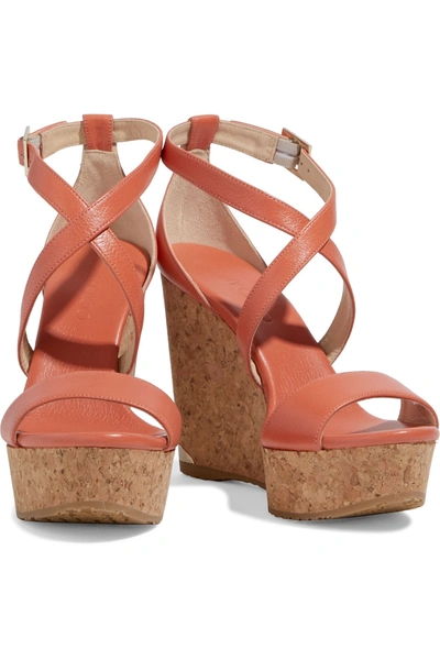 Shop Jimmy Choo Portia 120 Leather Wedge Sandals In Antique Rose