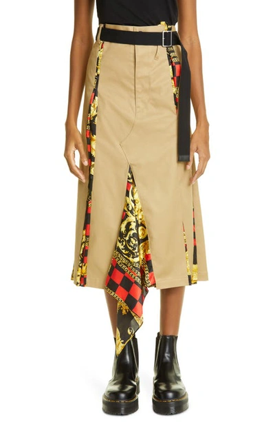 Shop Junya Watanabe X Versace Scarf Print Asymmetric Cotton Blend Twill Skirt In 1 Bge X Bk/ Rd/ Yl