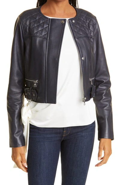 Shop Milly Samantha Leather Jacket In Navy