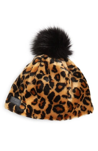 Shop Ugg Faux Fur Beanie With Pom In Butterscotch Panther
