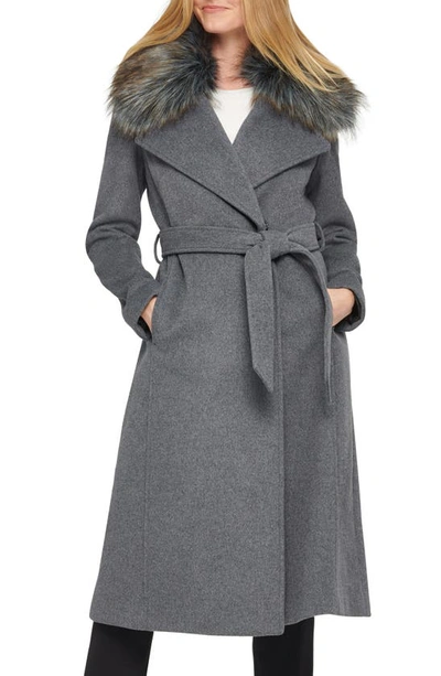 Shop Karl Lagerfeld Belted Wool Blend Coat With Faux Fur Trim In Med Grey