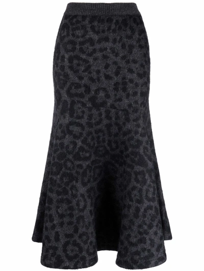 Valentino Leopard Pattern Flared Knitted Skirt In Grau