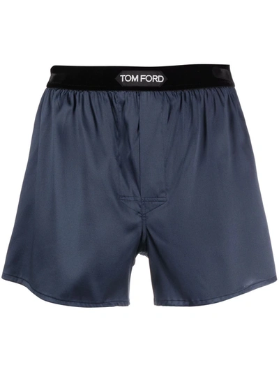Shop Tom Ford Silk-blend Logo-waist Boxers In Blue