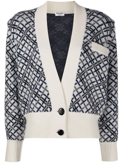 Shop Saint Laurent Intarsia Knit Wool Cardigan In Blue