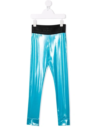 Shop Balmain Metallic Logo-waistband Leggings In Blue