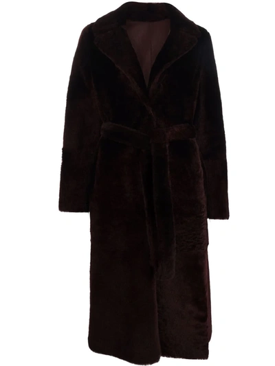 Yves Salomon Long Belted Shearling Coat In Red