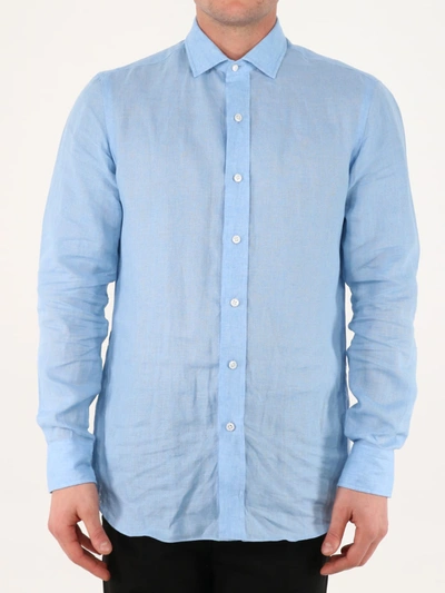 Shop Salvatore Piccolo Light Blue Linen Shirt