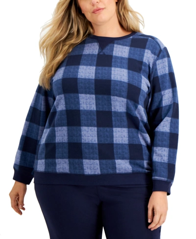 Shop Karen Scott Plus Size Printed Sweatshirt, Created For Macy's In Intrepid Blue Plaid