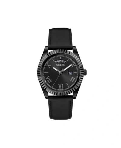 Shop Guess Men's Black Leather Strap Day-date Watch 42mm