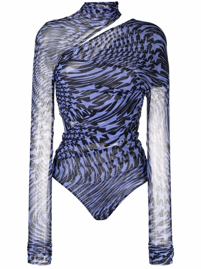 Shop Mugler Blue Printed Mesh Bodysuit