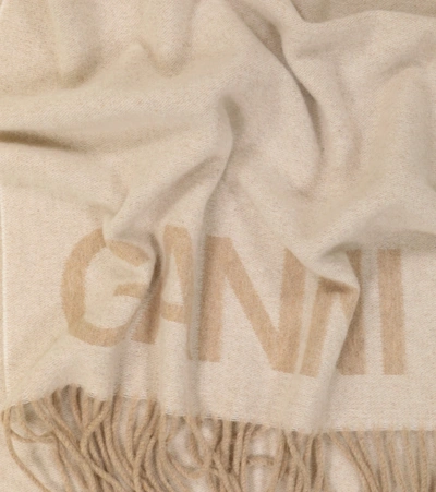 Shop Ganni Fringed Wool Scarf In Egret