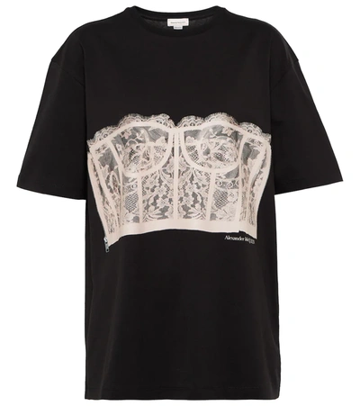 Shop Alexander Mcqueen Lace-overlay Cotton Jersey T-shirt In Black / Shell