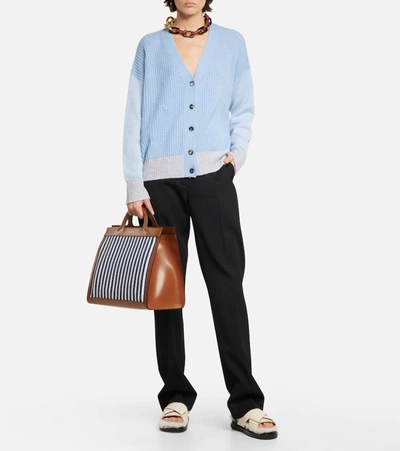 Shop Marni Stripes Medium Leather-trimmed Tote In Ocean+moca