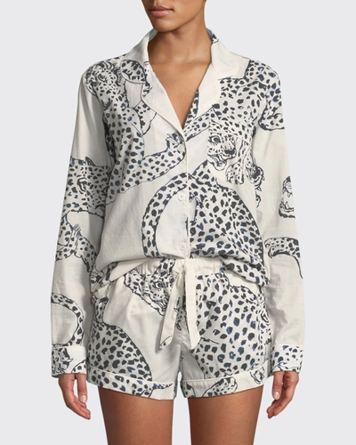 Shop Desmond & Dempsey Leopard Print Classic Short Pajama Set In White/black