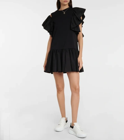 Shop Alexander Mcqueen Ruffled Cotton Jersey Minidress In Black