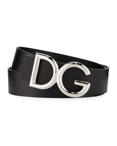 Shop Dolce & Gabbana Men's Leather Belt With Logo-plate Buckle In Whitepall